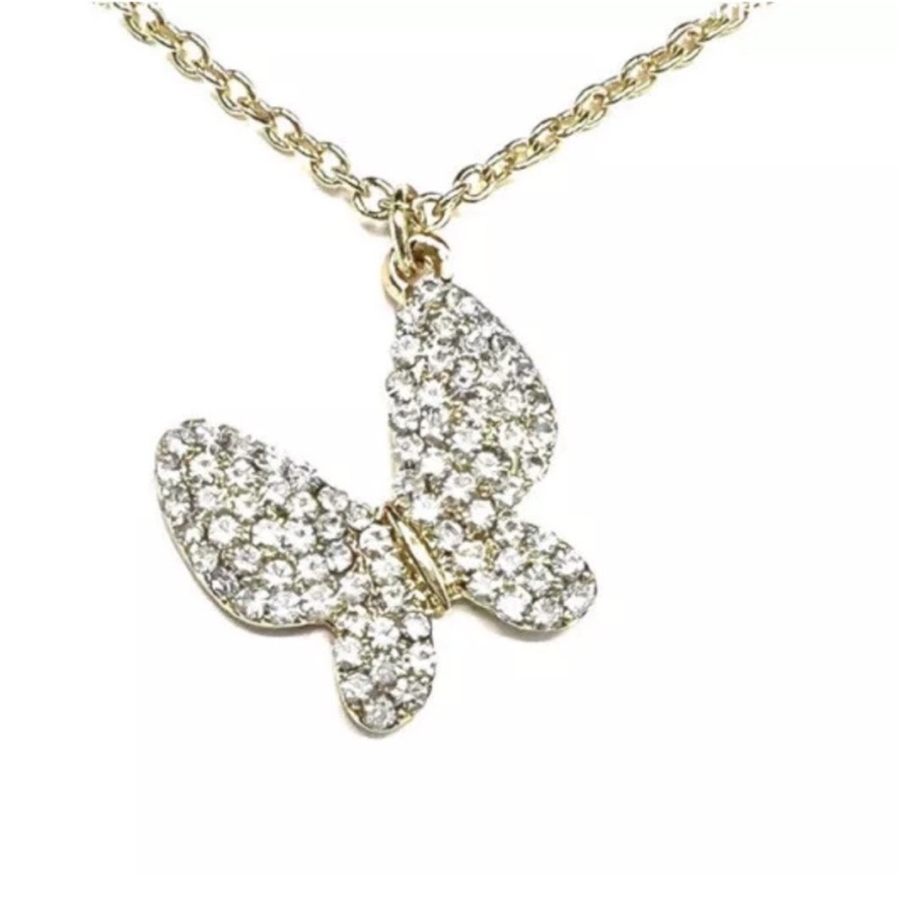 14K Gold Overlay Butterfly Pendant Necklace Made W/ Clear Swarovski Crystals